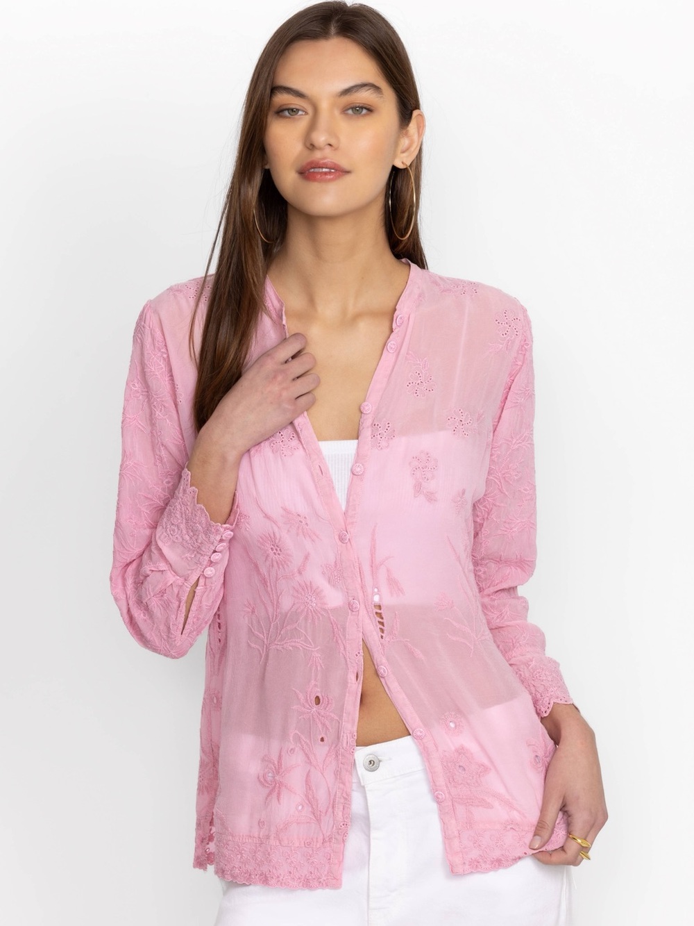 Johnny Was Deni Isabel Embroidered Blouse Top Light Pink Size M
